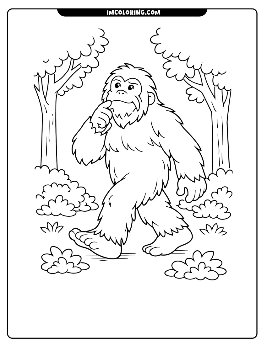 Printable outline of Large Bigfoot Yeti with thoughtful expression walking in forest