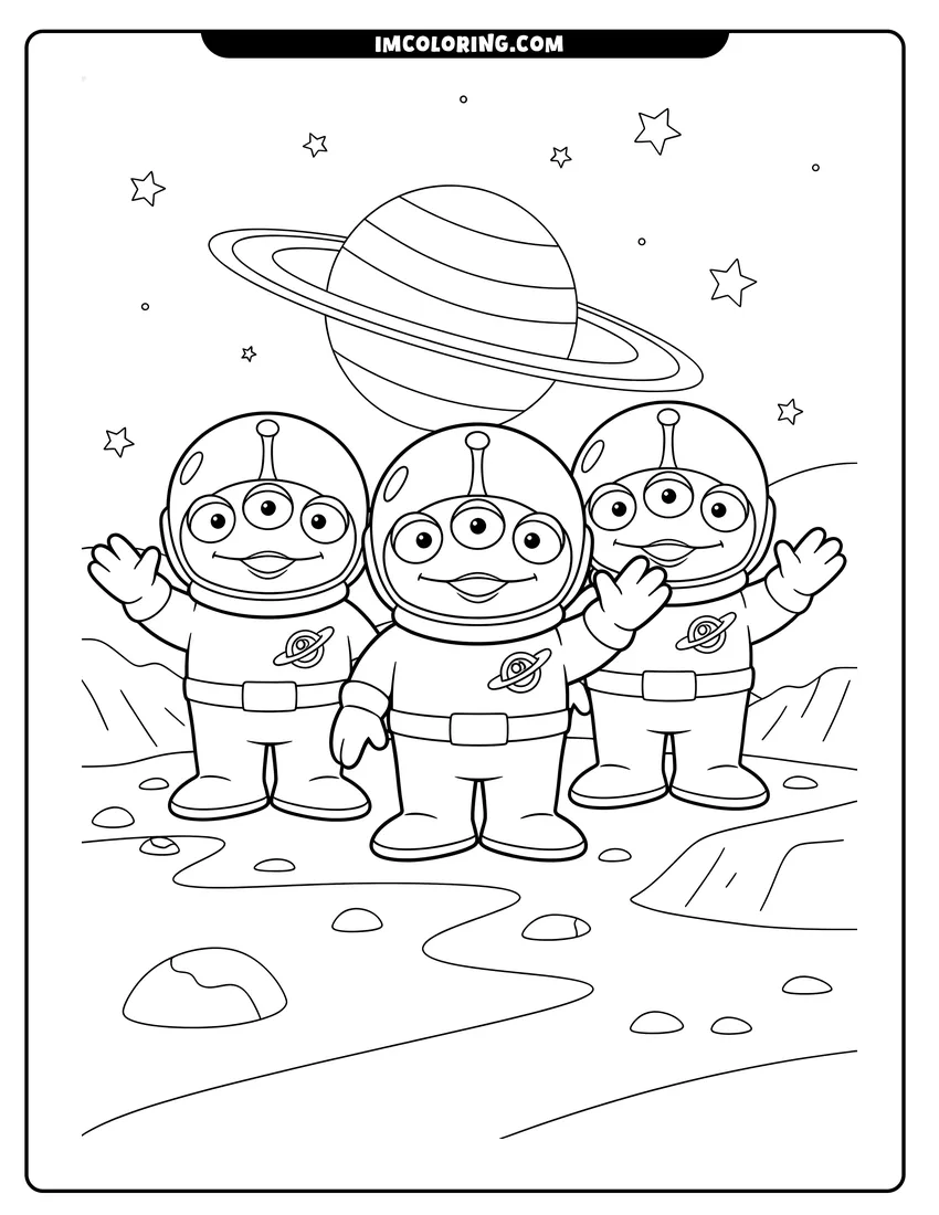 Coloring sheet of Three three-eyed Toy Story aliens in space suits for kids