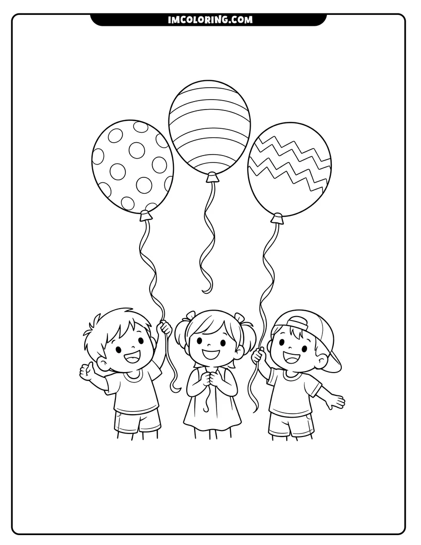 Black and white Three floating balloons with patterns and strings coloring sheet