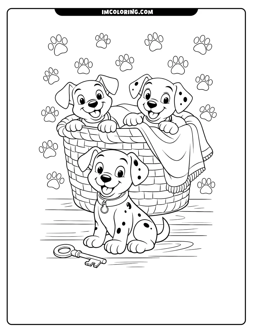 Simple line drawing of Three dalmatian puppies in a woven basket
