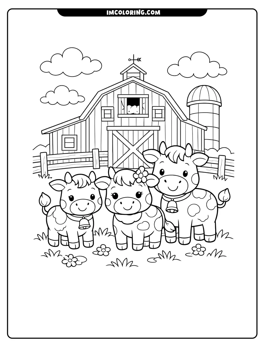 Simple sketch of Three cartoon cows in front of a farm barn for children
