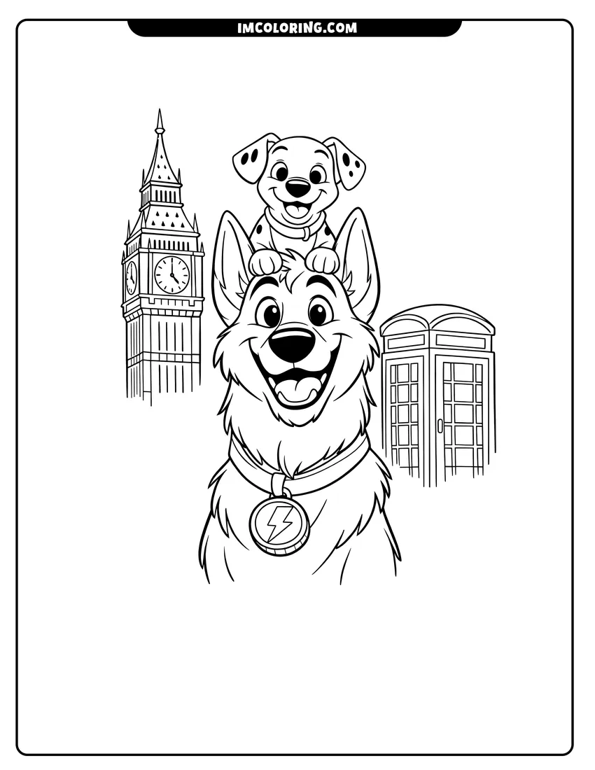Coloring sheet of Thunderbolt and Patch standing on a London street for kids