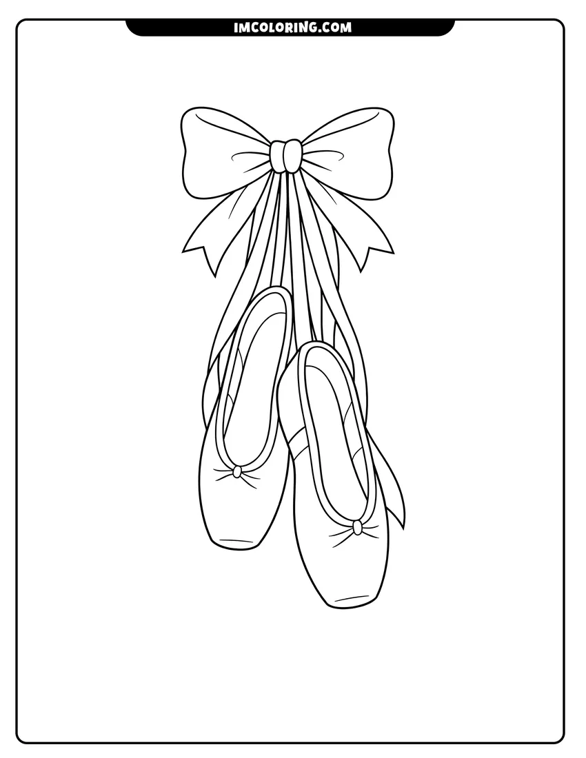Cute Ballerina slippers tied with a large ribbon bow outline for coloring