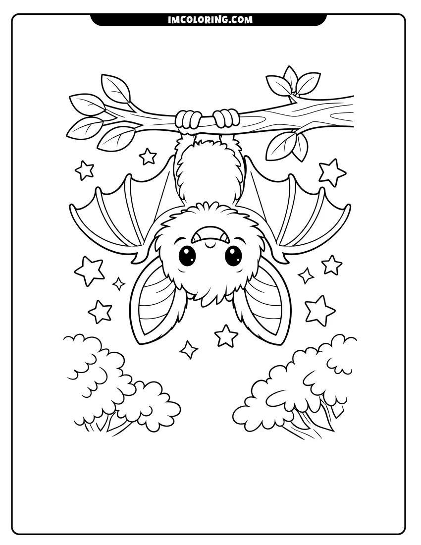 Easy-to-color Fluffy bat with a toothy grin hanging from a branch illustration