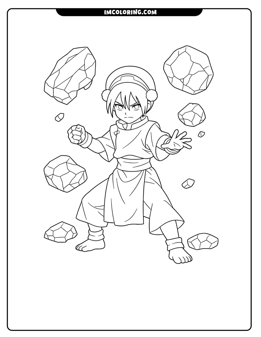 Scene showing Toph standing with floating rocks to color