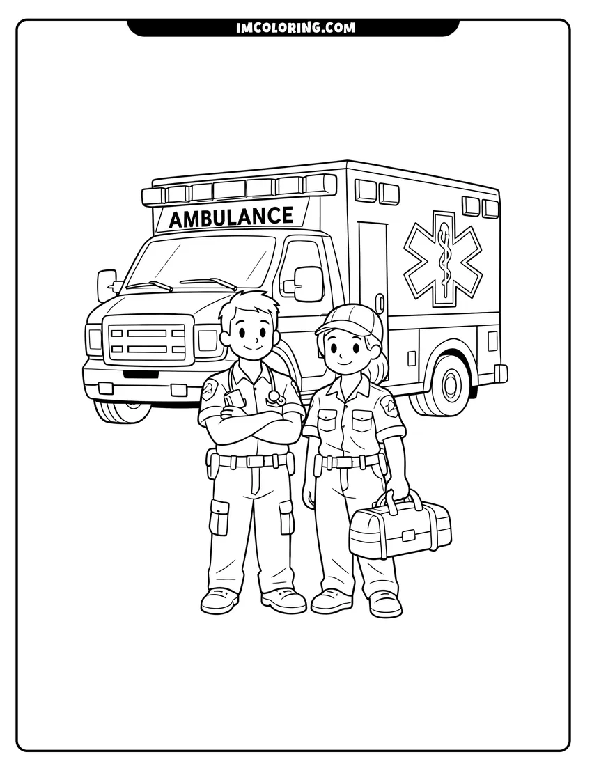 Kids activity sheet showing Traditional box ambulance with bold AMBULANCE lettering
