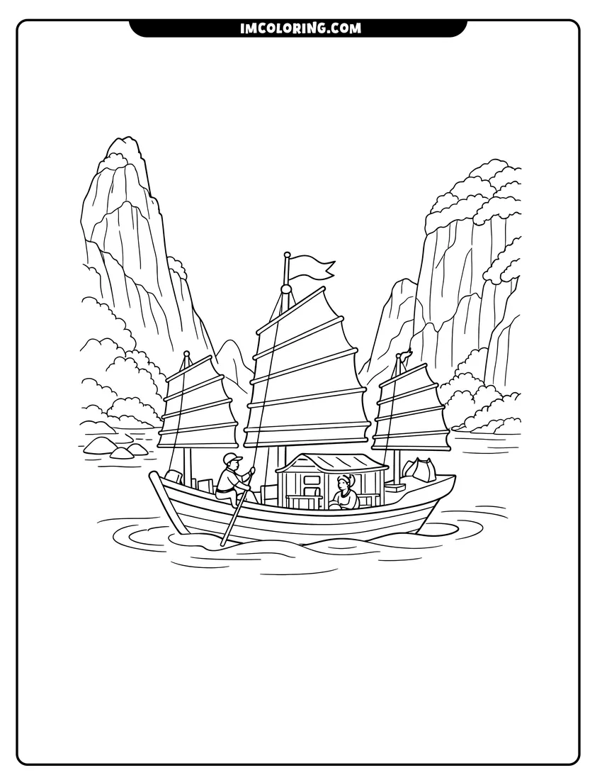 Easy-to-color Chinese junk boat with battened sails in a mountain river illustration