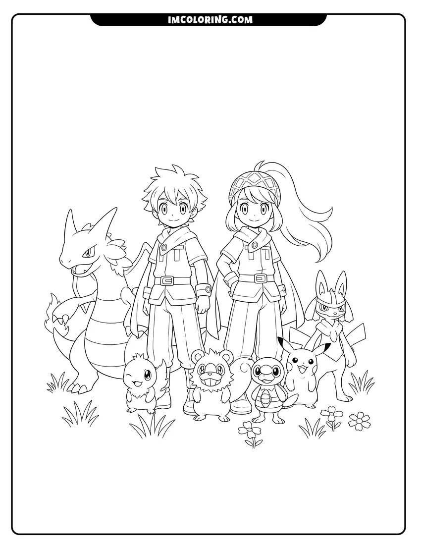 Detailed Trainers Rei and Akari with their various Pokemon partners design for coloring