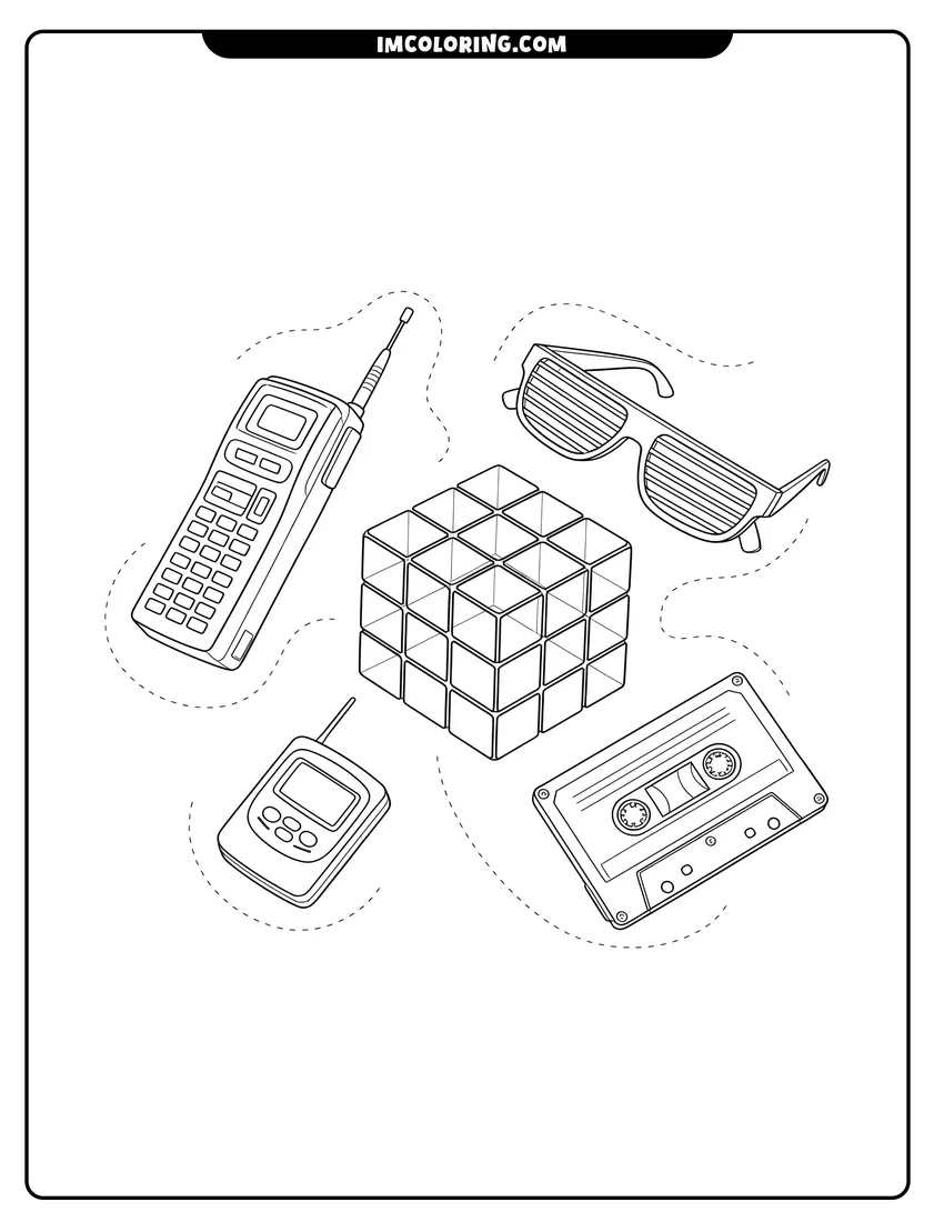 Coloring sheet featuring Retro 80s gadgets like a cassette tape and puzzle cube