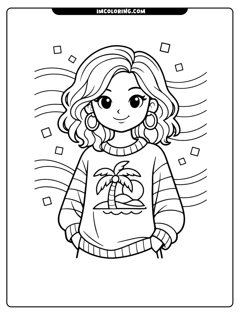 Outline of 80S girl in oversized striped sweater on a white background