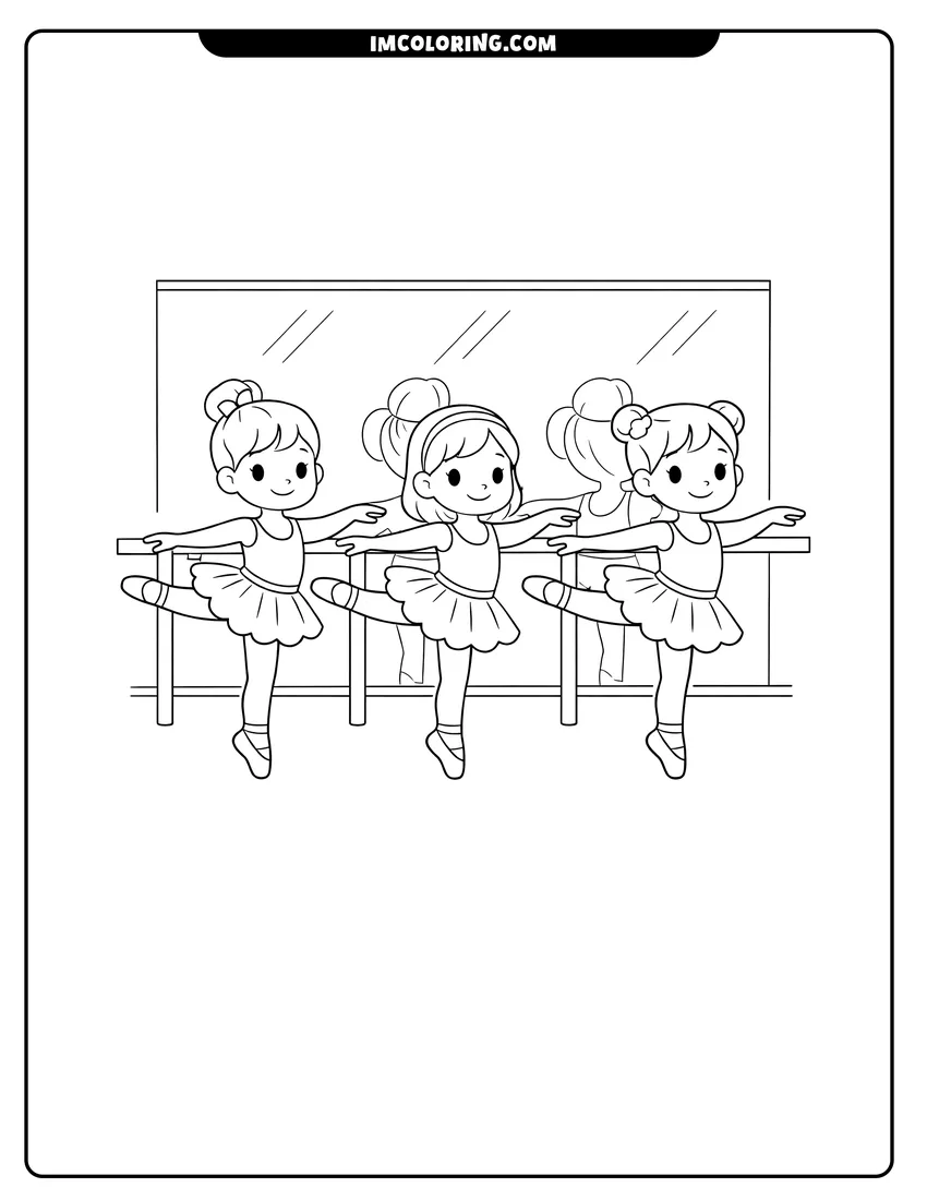 Black and white Three ballerinas practicing at a barre in studio coloring sheet