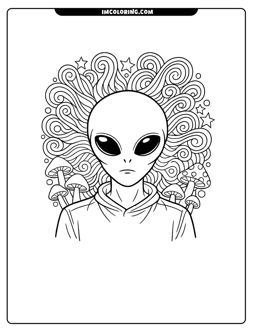 Kids activity sheet showing Classic grey alien with a trippy wavy line background