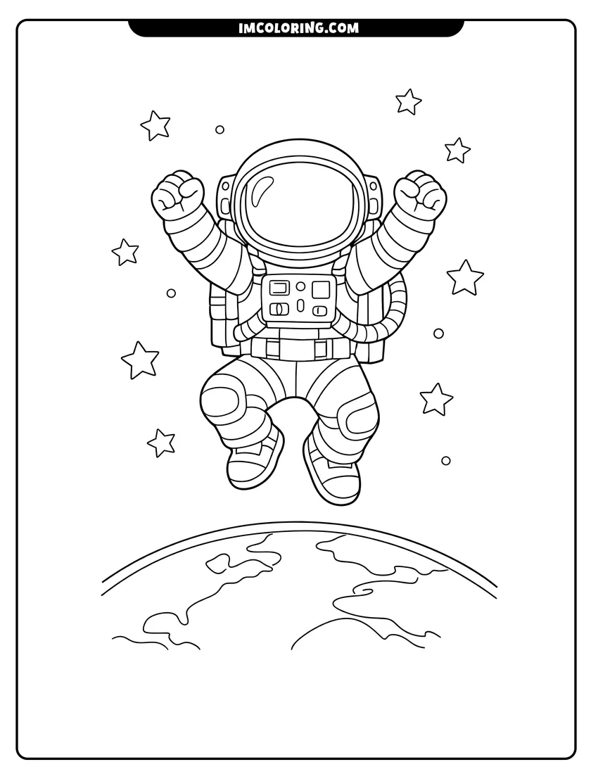Printable outline of Astronaut floating above the curved horizon of Earth