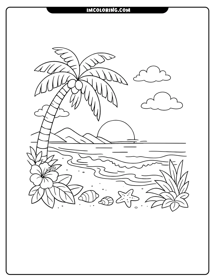 Printable coloring page featuring Beach landscape with palm tree and sunset over mountains