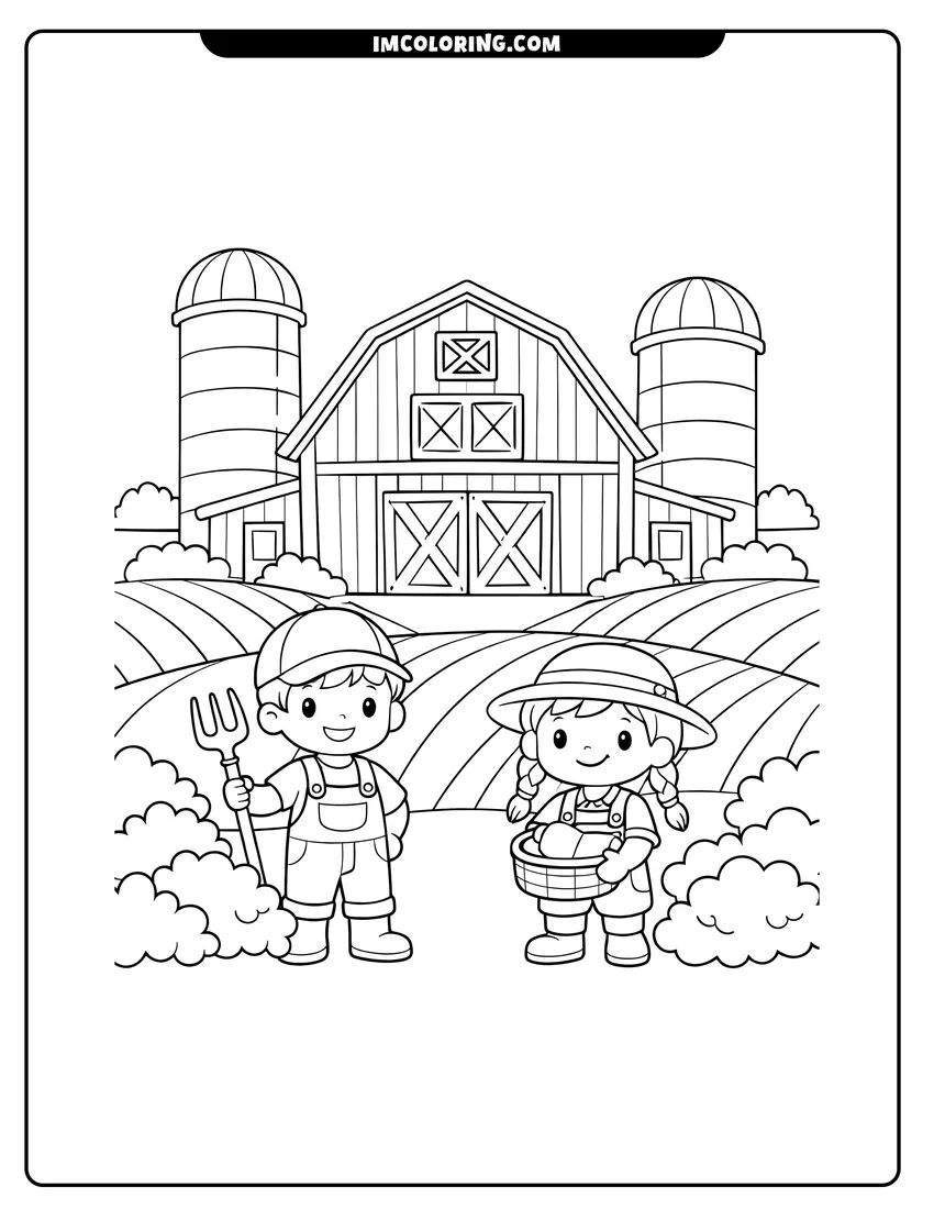 Coloring sheet of Large barn with twin silos and crop fields for kids
