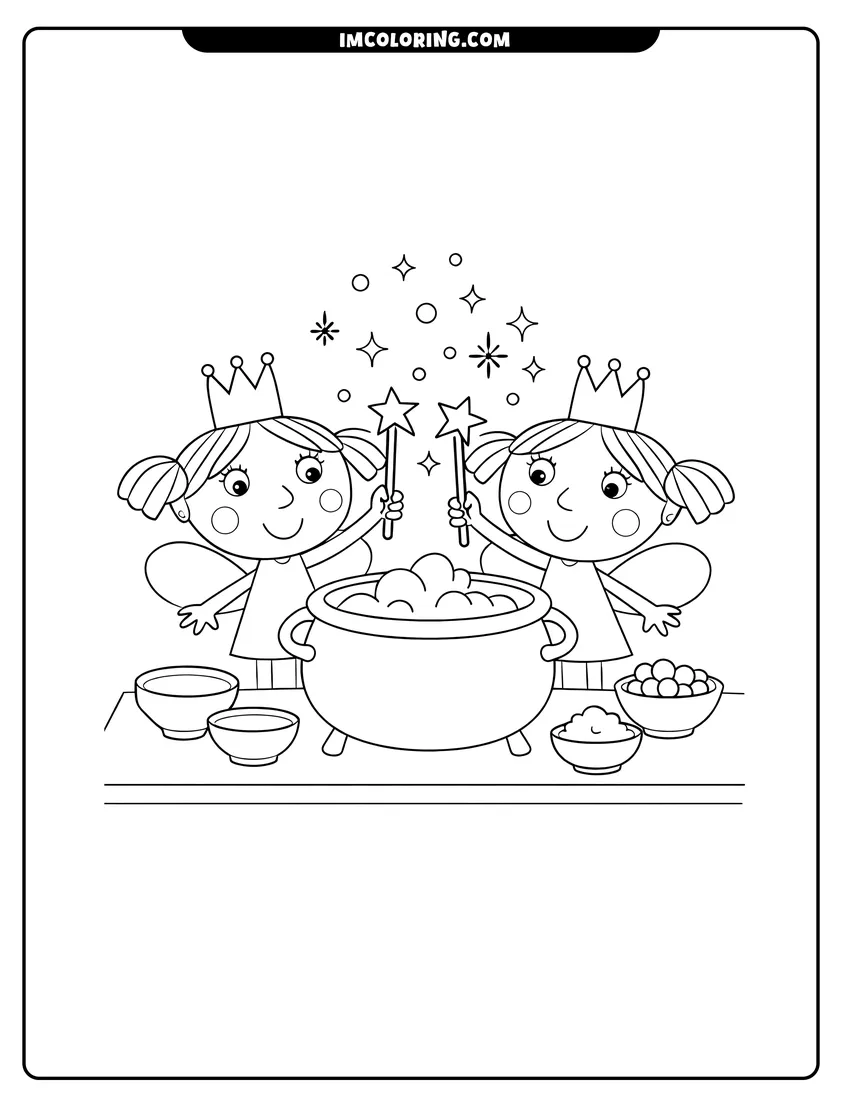 Coloring sheet of Twin fairies Daisy and Poppy waving magic wands for kids