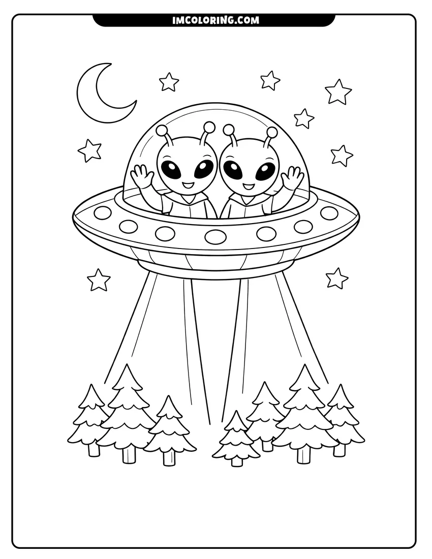 Simple sketch of Two friendly aliens waving from a flying saucer for children