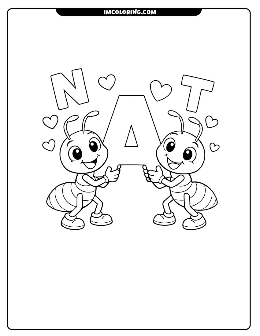 Black and white Two cartoon ants holding a large letter A coloring sheet