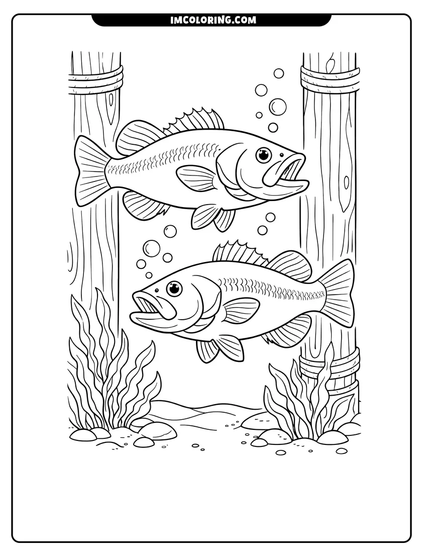 Kawaii style Two bass swimming next to wooden dock pillars coloring picture