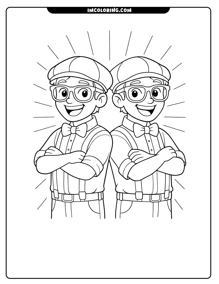Two Blippi characters standing back-to-back and smiling coloring page for preschoolers