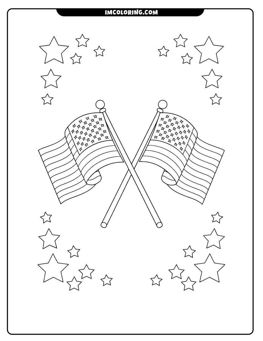 Simple sketch of Two crossed American flags with a star border for children