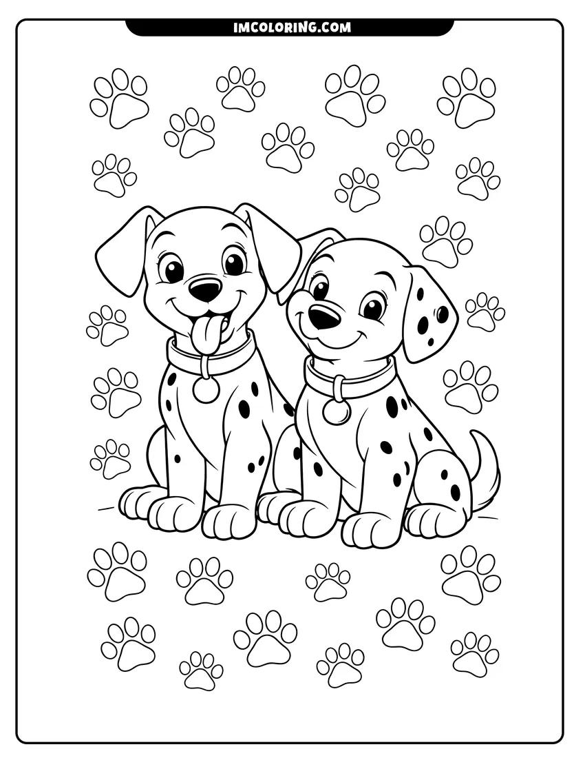 Outline of Two spotted dalmatian puppies sitting side by side on a white background