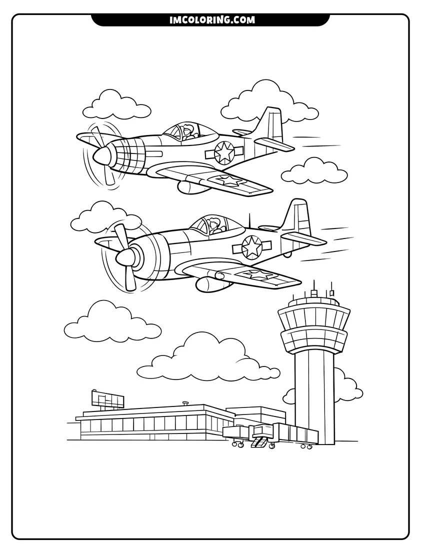 Kawaii style Two warbird propeller airplanes flying in tandem coloring picture