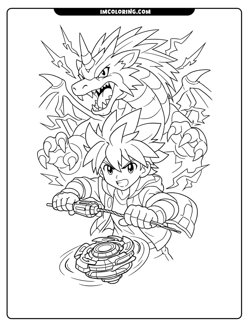 Easy-to-color Tyson launching a Beyblade with the dragon Dragoon illustration