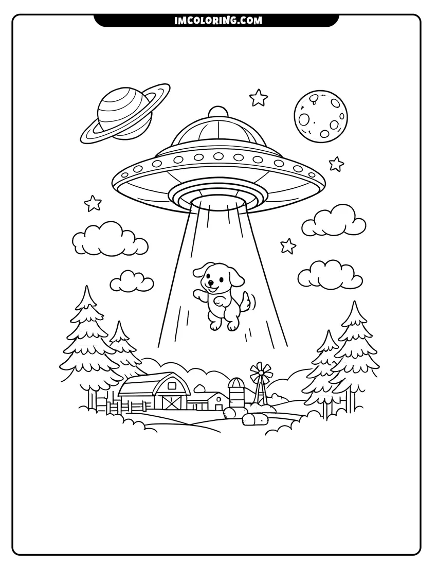 Easy-to-color UFO abducting a small dog over a farm landscape illustration
