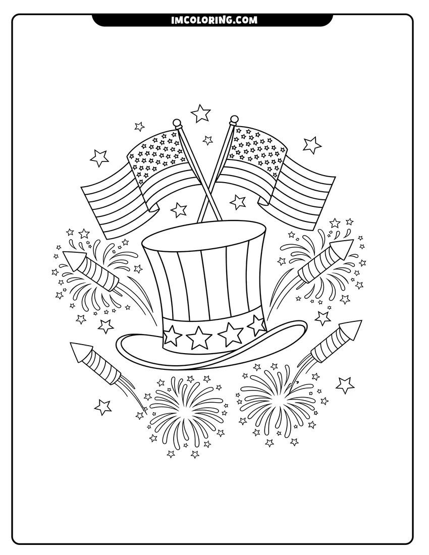 Downloadable coloring page of Uncle Sam top hat with American flags and fireworks