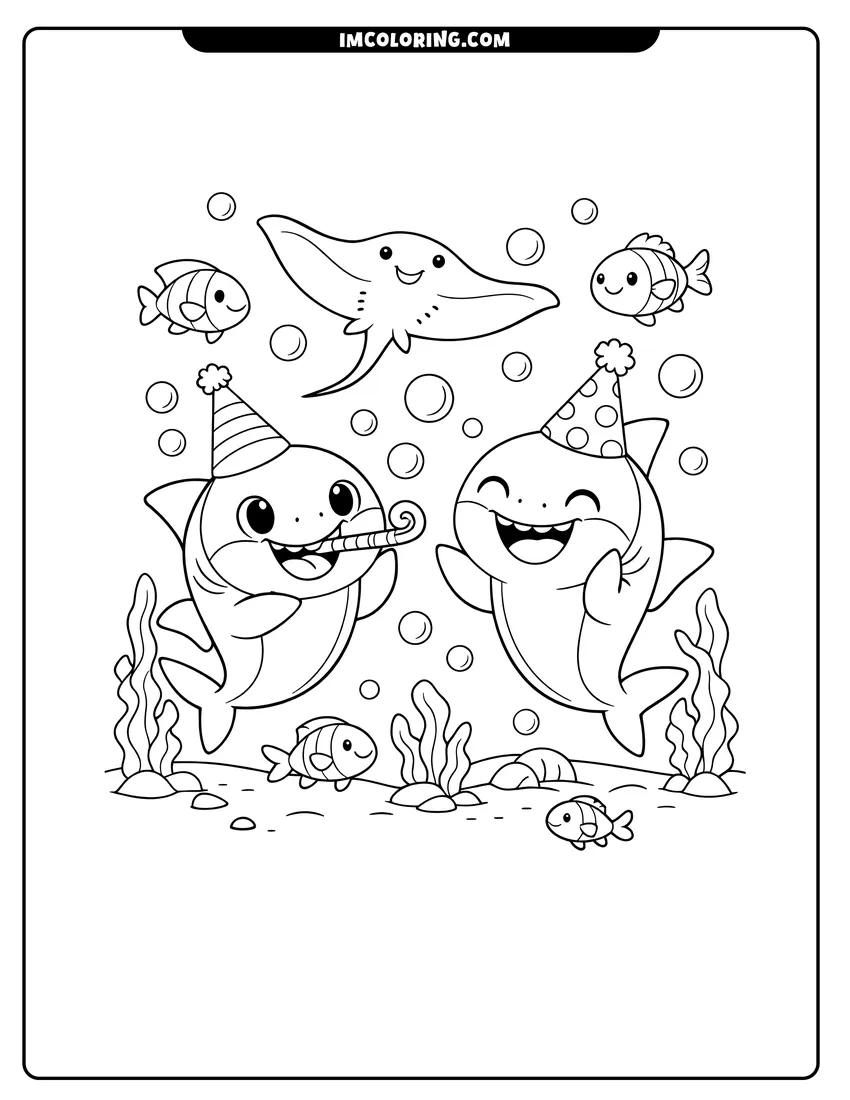 Printable Two Baby Sharks in party hats celebrating underwater coloring activity