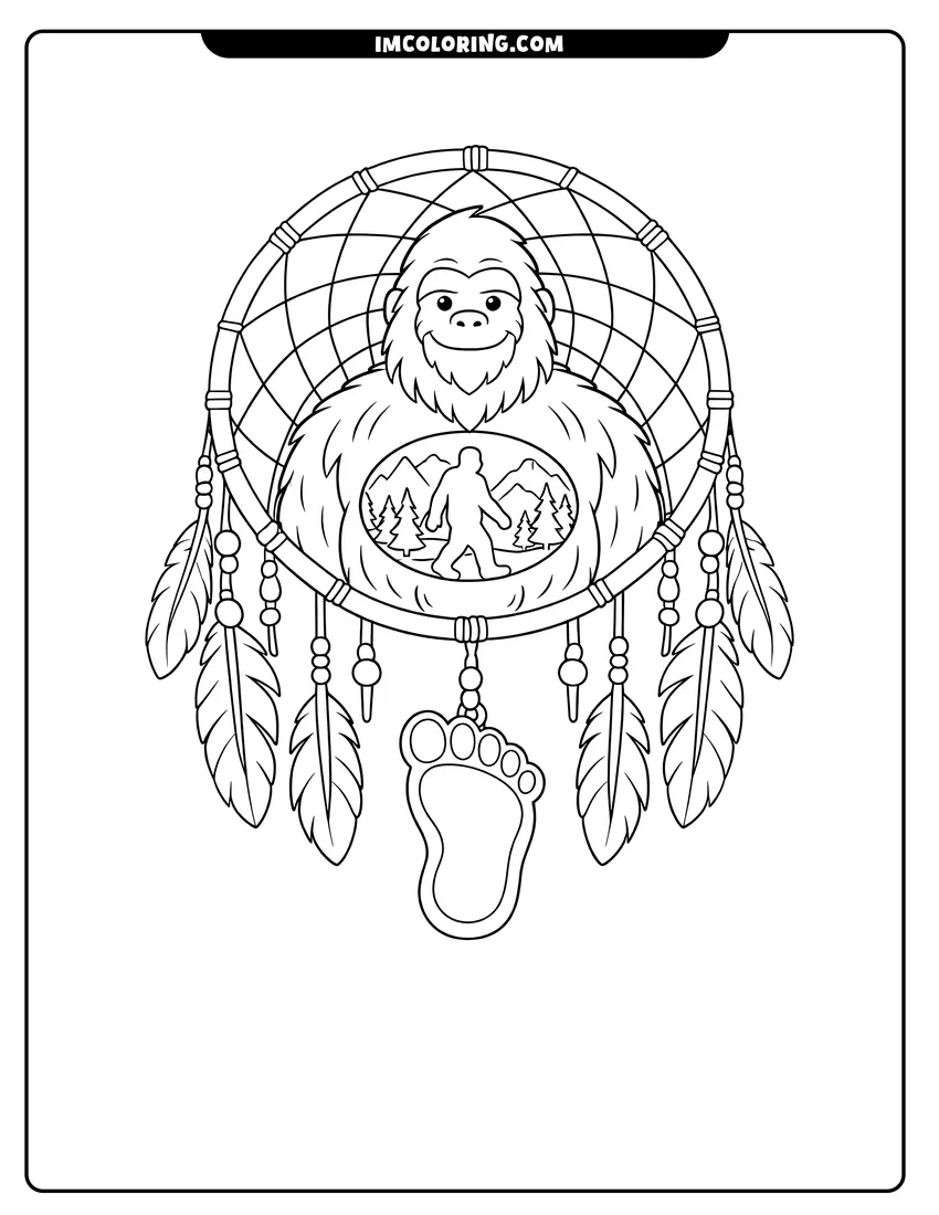 Coloring sheet of Bigfoot Yeti silhouette inside a decorative dreamcatcher with feathers for kids