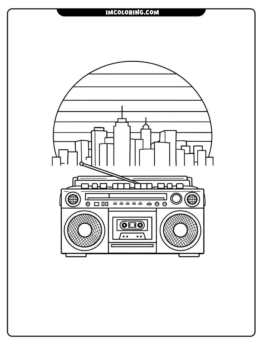 80S boombox in front of city sunset coloring page for preschoolers