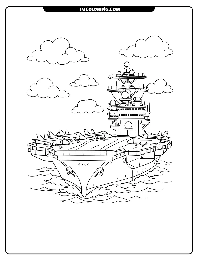 Printable outline of US Navy aircraft carrier with fighter jets on deck