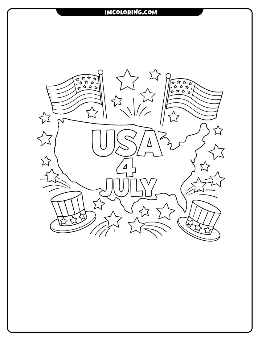 Black and white USA map with flags and patriotic top hats coloring sheet
