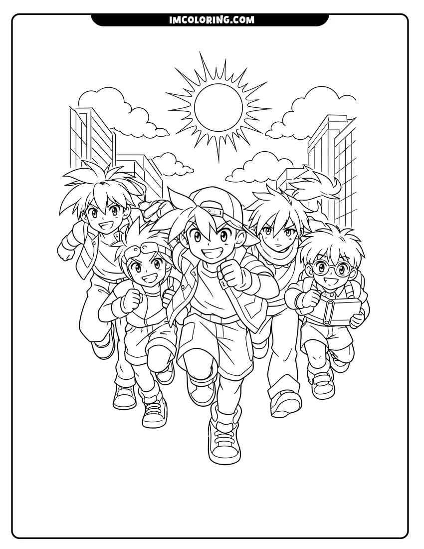Line art depicting Tyson, Max, Kai, Ray, and Kenny running through city