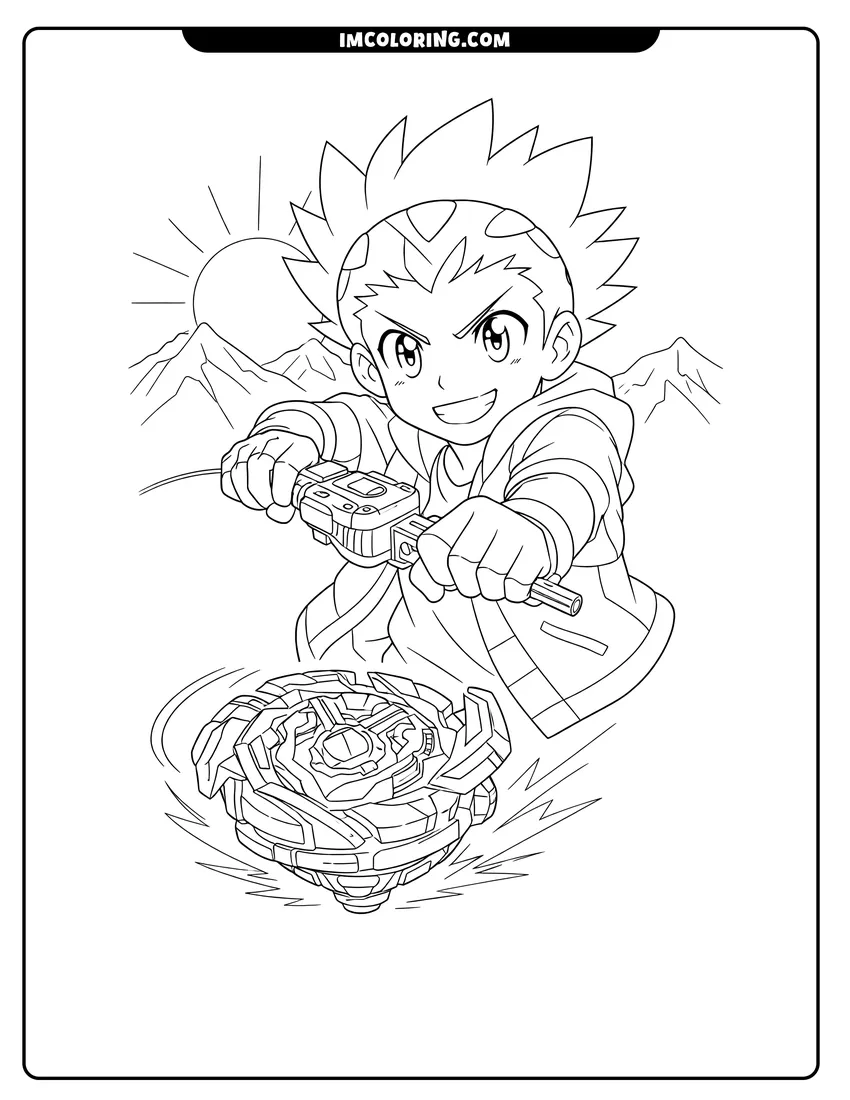 Kids activity sheet showing Valt Aoi launching Valtryek with mountains in background