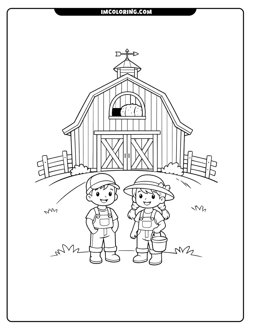 Detailed Traditional wooden barn with vertical siding and fences design for coloring