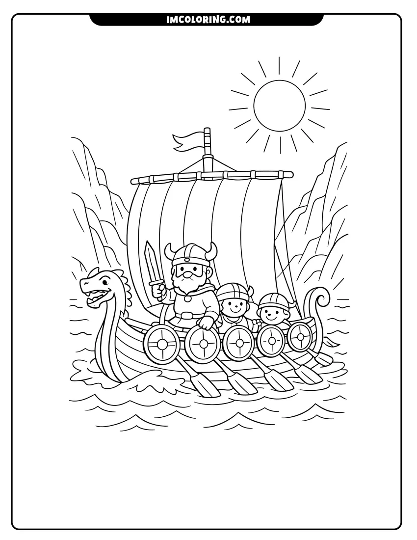 Black and white Viking longship with shields navigating a mountain fjord coloring sheet
