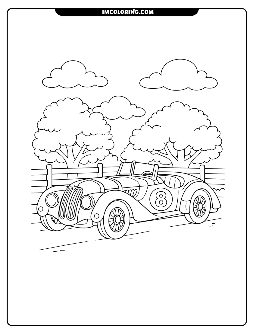 Black and white Vintage Bmw 328 roadster on a road coloring sheet