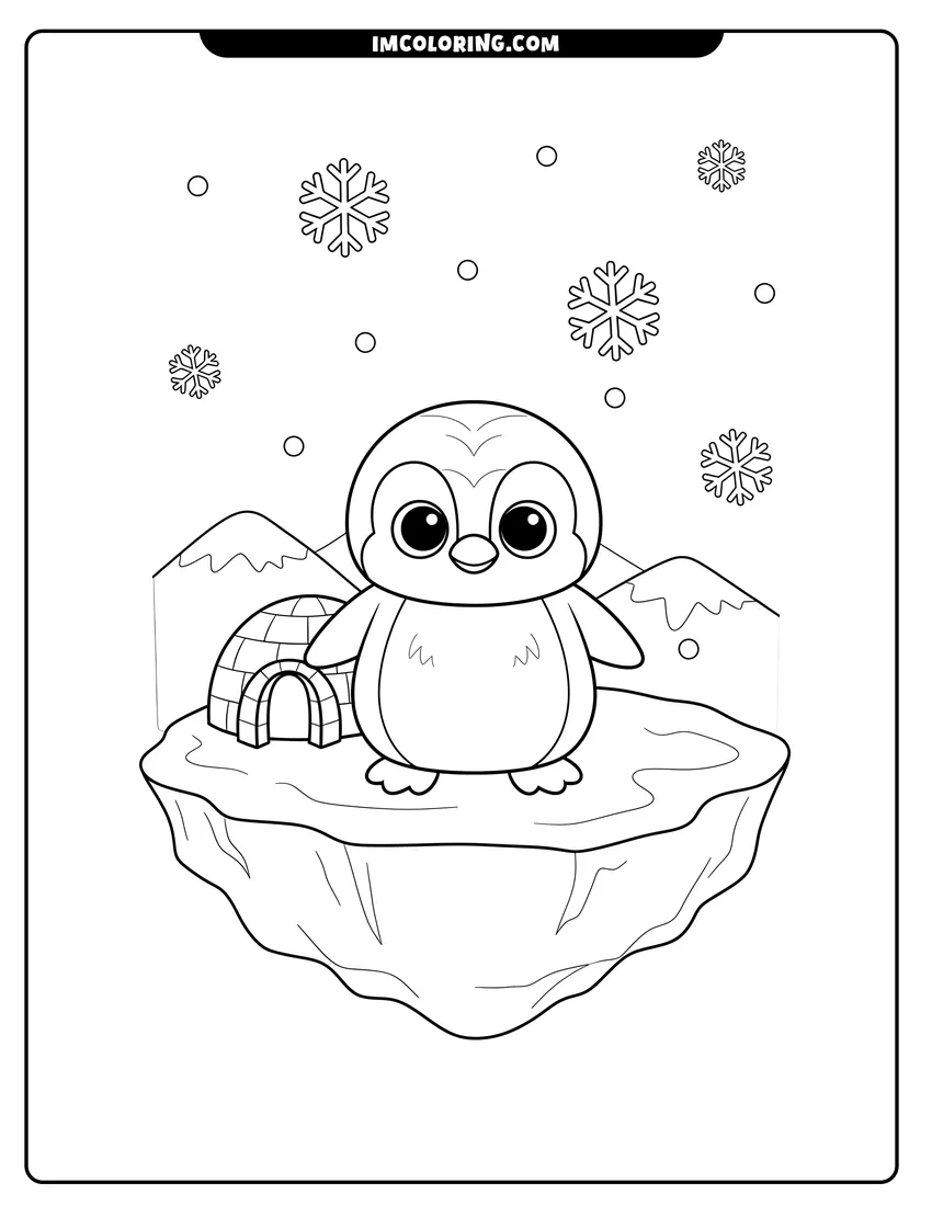 Line art depicting Beanie Boo penguin on a floating iceberg