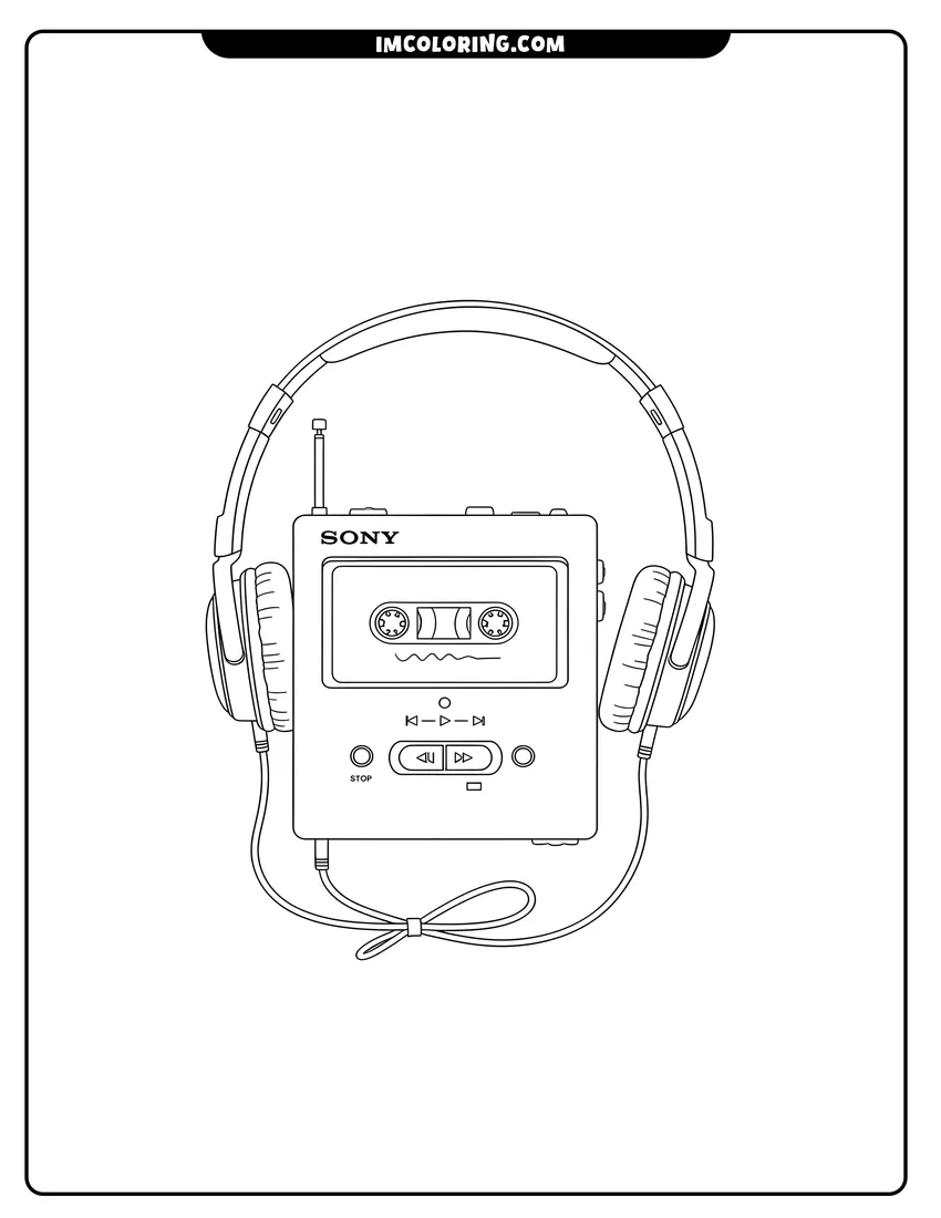 Full page coloring image of A classic cassette player and vintage on-ear headphones