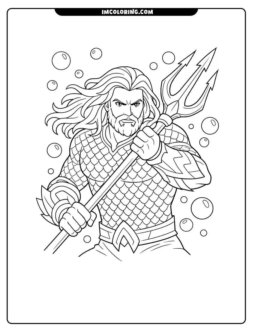 Illustration of Warrior Aquaman with a beard holding his trident ready for painting