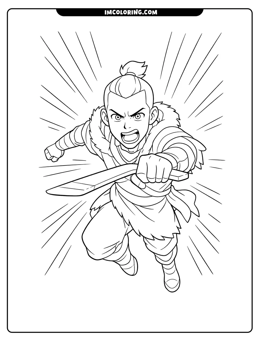 Outline of Sokka charging with his boomerang on a white background