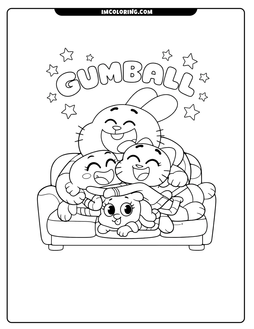 Printable coloring page featuring Gumball and family on a couch with bubbly text