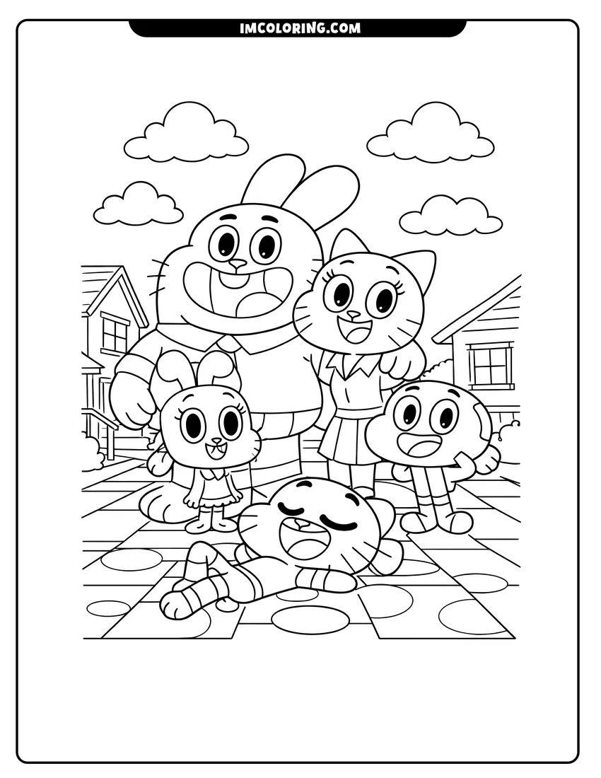 Simple line drawing of The Watterson family smiling together on a sidewalk