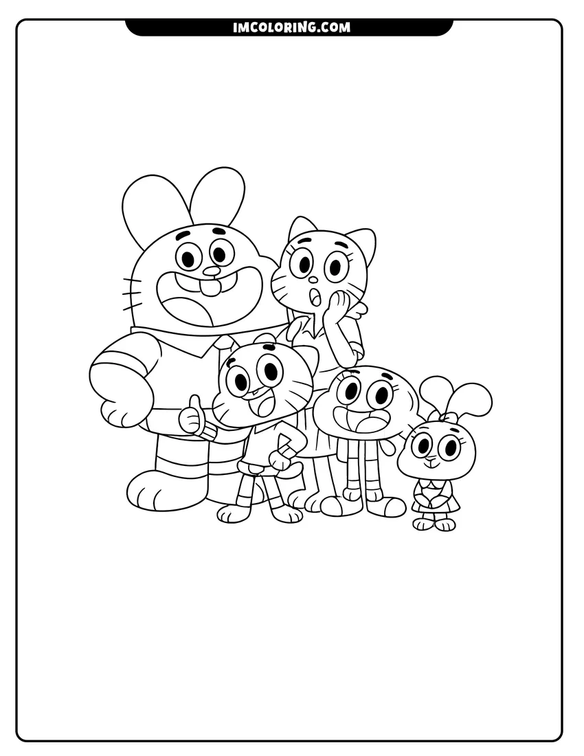Printable outline of Richard, Nicole, Gumball, Darwin, and Anais posing together