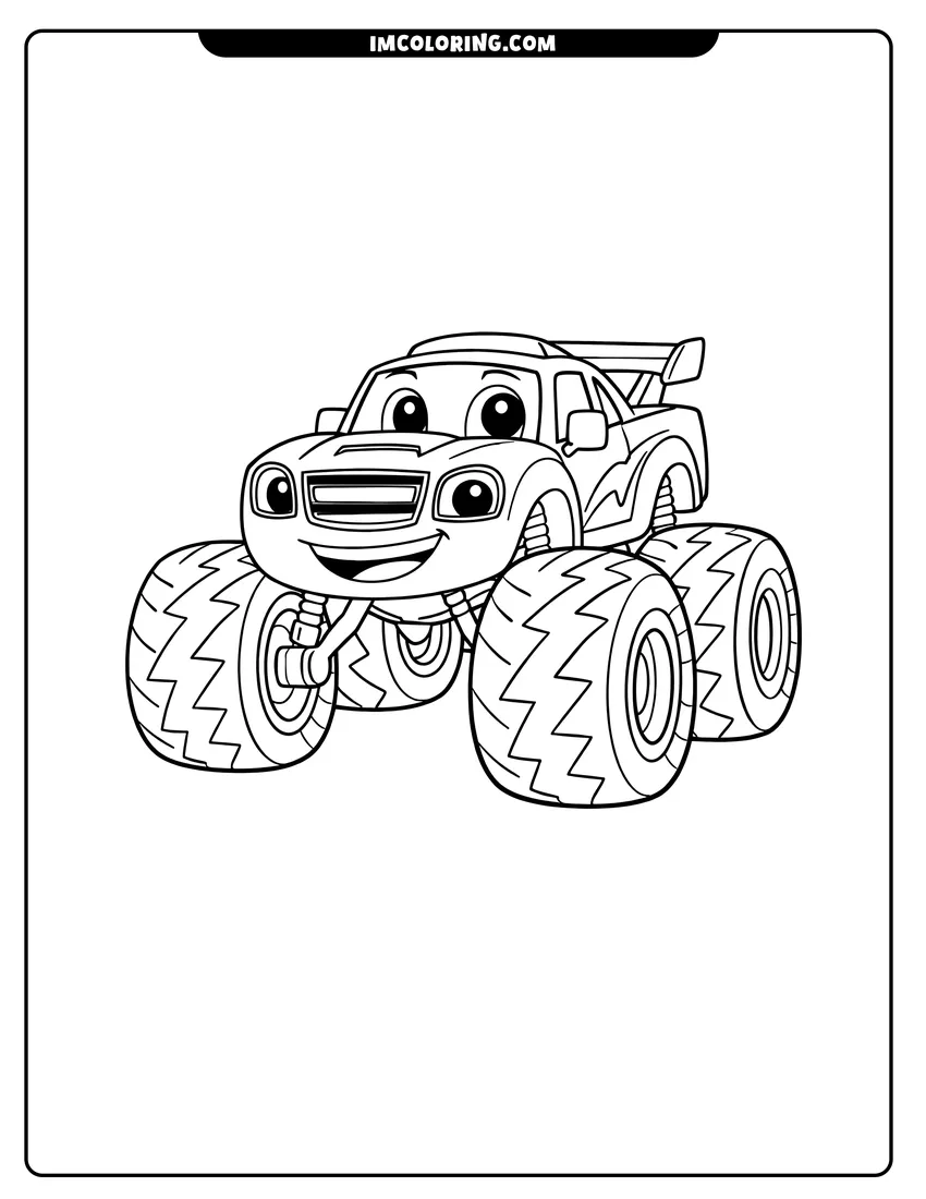 Simple sketch of Watts the monster truck with lightning bolt tires for children