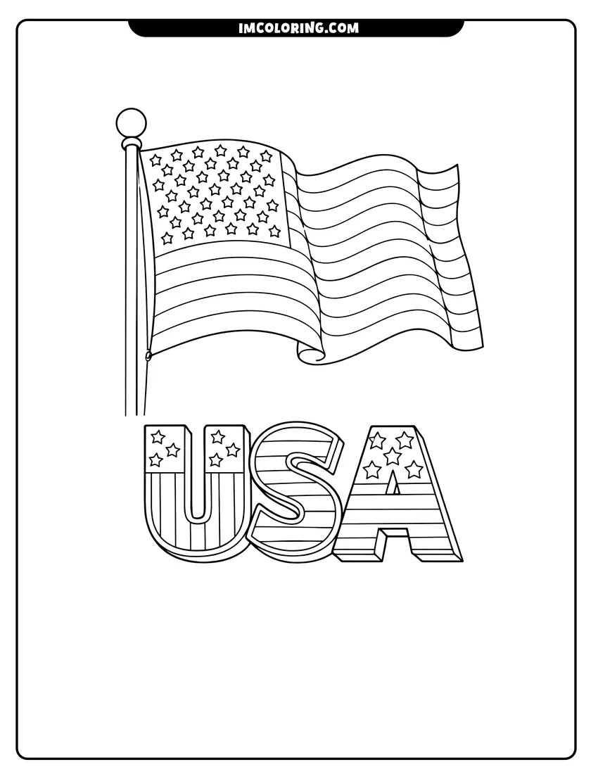 Coloring sheet of Waving American flag above striped USA letters for kids