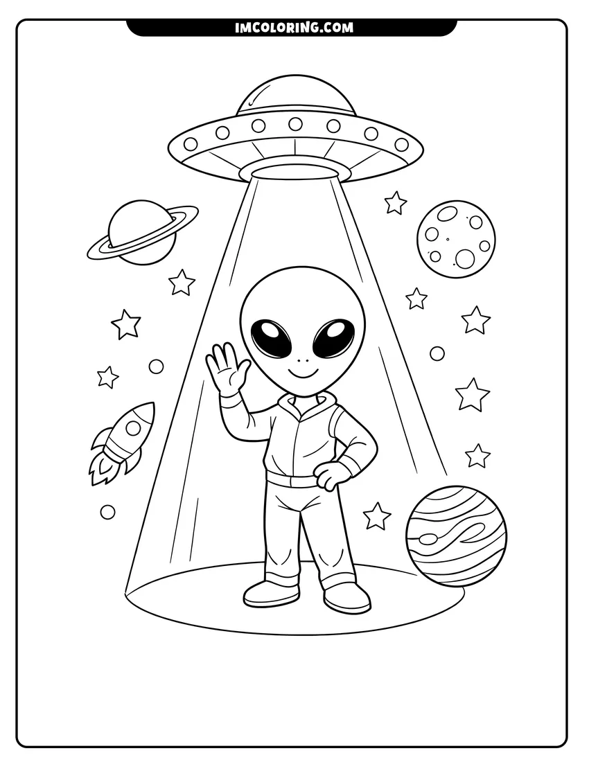 Outline of Friendly grey alien waving in a UFO tractor beam on a white background